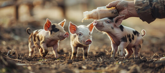 feeding little piglets on a farm