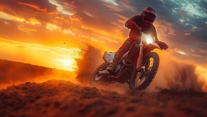 Dramatic Sky Sets Scene as Motocross Rider Drifts on Dirt Track, Kicking Up Dust. Concept Motocross, Dramatic Sky, Dirt Track, Outdoor Action, Dust Clouds - obrazy, fototapety, plakaty