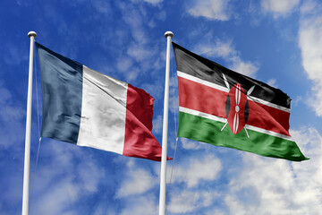3d illustration. France and Kenya Flag waving in sky. High detailed waving flag. 3D render. Waving in sky. Flags fluttered in the cloudy sky.