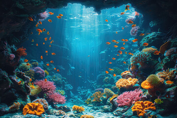 Fototapeta na wymiar A beautiful coral reef with colorful fish swimming around, creating an underwater paradise. Created with Ai