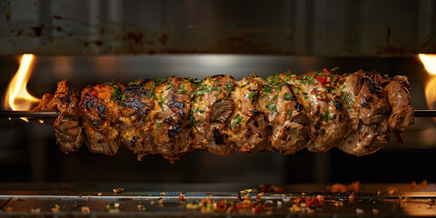 Juicy meat is fried on a shawarma spit