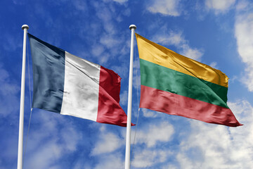 3d illustration. France and Lithuania Flag waving in sky. High detailed waving flag. 3D render....