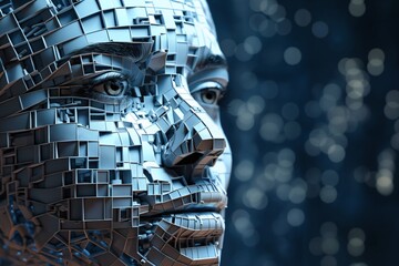 humanoid face with 3D cubes and shapes, and particles around her face, symbol of augmented reality and computer technologies of future, concept of cybernetics, biomechanics and robotics