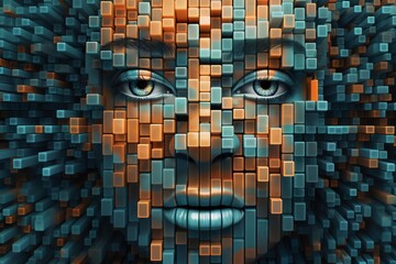 woman's face with 3D cubes and particles in space as symbol of augmented reality and computer technologies of future, close-up portrait, concept of cybernetics, biomechanics and robotics - obrazy, fototapety, plakaty