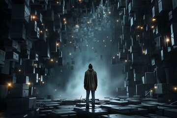 A man standing in a dark mystic space with lots of cubes and lights around, in the style of surrealism