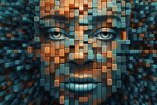woman's face with 3D cubes and particles in space as symbol of augmented reality and computer technologies of future, close-up portrait, concept of cybernetics, biomechanics and robotics