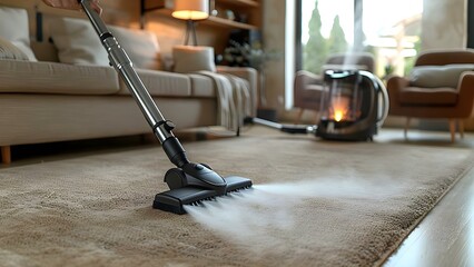 Professional steam cleaning of beige carpet in modern living room. Concept Steam Cleaning, Beige Carpet, Modern Living Room, Professional Service
