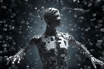 a human body made of squares and cubes, standing in front of a digital background with abstract particles in space, cybernetics, computer rendering