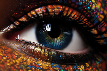 close view of woman's eye with decorative art makeup on her face