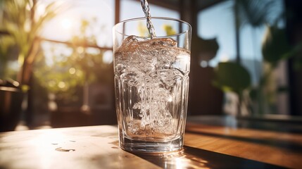 Stream of water being poured into a transparent glass on a sunny wooden table setting