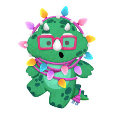 Triceratops with christmas lights hand drawn illustration in cartoon design