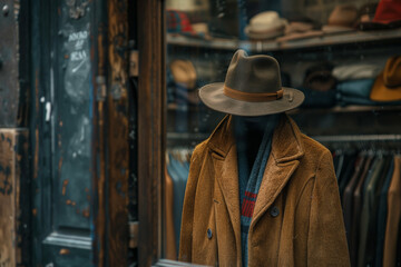 Generate an image of a rack with different stylish clothes and a male hat near a mirror in a dressing room, capturing the reflection in the mirror to create a sense of depth and space.