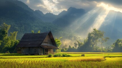 Fototapeta premium A wooden house in the middle of rice fields with mountain background