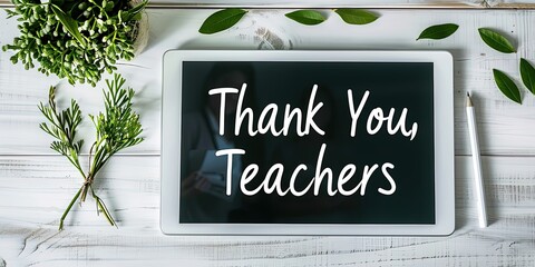 A bright, digital tablet displaying a "Thank You, Teachers" message on its screen, Generative AI