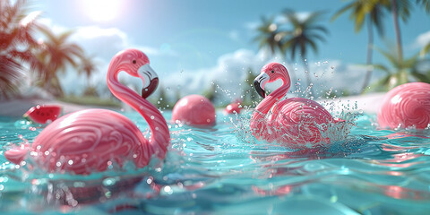 Summer vacation, Flamingo inflatable toy, watermelon, palm trees