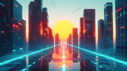 Synthwave 80's background. 1980's retro glowing neon light background with sun and city skyline.