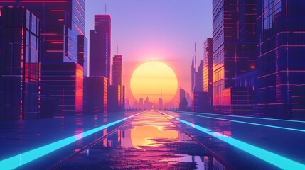 Synthwave 80's background. 1980's retro glowing neon light background with sun and city skyline.