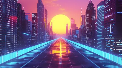 Fototapeta premium Synthwave 80's background. 1980's retro glowing neon light background with sun and city skyline.