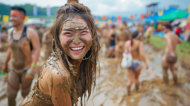 Beautiful woman covered in mud at the Boryeong Mud Festival, her facial expression full of enthusiasm and joy, Ai generated Images