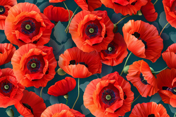 Pattern with poppy flowers. Vibrant blooming red flowers and green leaves. Natural background