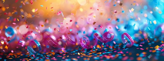 A background filled with colorful swirls and confetti representing the joy and festivity of birthdays. - obrazy, fototapety, plakaty