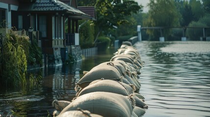 Stacked sandbags for flood defense beside a water body. - Powered by Adobe