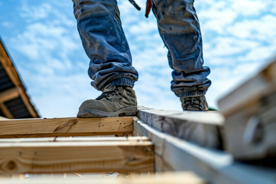 Workman in sturdy boots treads on unfinished roof with wooden beams. Protective shoes on construction site