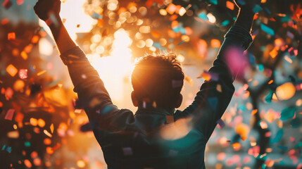 Happy young man raising hands in the air with confetti at sunset