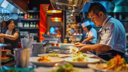 Professional Asian Chef Preparing Stir Fry Dishes in Busy Restaurant Kitchen
