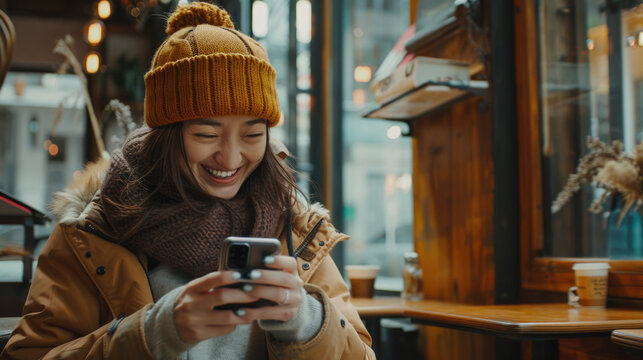 Smiling woman in knitted hat using smartphone in cafe.