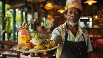 African Chef Presenting Traditional Cuisine in a Rustic Restaurant