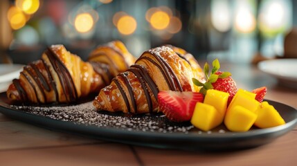 Fresh Croissants with Sliced Mango and Strawberries on Plate