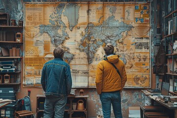 Two people gazing at an extensive world map displayed on a wall, contemplating their next adventure