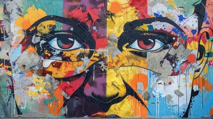 Colorful graffiti art of abstract faces on a wall. Urban street art photography.