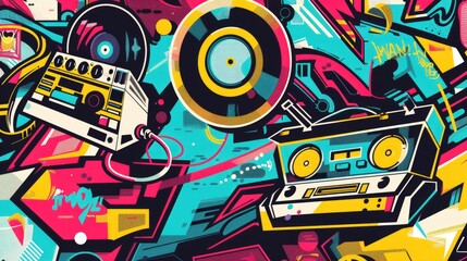 Vibrant retro music illustration with turntables and computer.