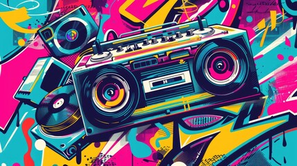 Vibrant retro music illustration with turntables and computer.