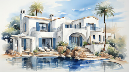 Mediterranean Minimalism house watercolor