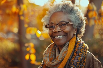 Wise black woman enjoying her retirement, beautiful older African-American woman in a casual setting 
 outdoors