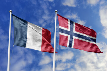 3d illustration. France and NorwayFlag waving in sky. High detailed waving flag. 3D render. Waving in sky. Flags fluttered in the cloudy sky.