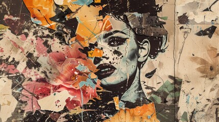 Abstract artistic collage with fragmented woman's face. Grunge and urban style mixed media art.