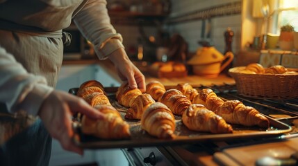 A home baker pulling a tray of golden-brown croissants - obrazy, fototapety, plakaty