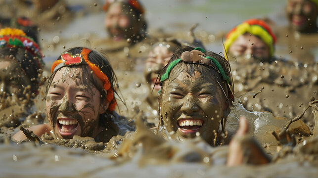 Beautiful woman covered in mud at the Boryeong Mud Festival, her facial expression full of enthusiasm and joy, Ai generated Images
