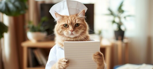 An endearing beige cat dressed as a doctor, complete with a medical cap, earnestly clutching a notepad.