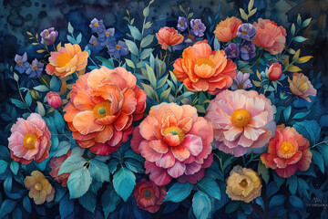 A vibrant watercolor painting of an array of blooming roses and peonies. Created with Ai