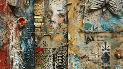 A detailed closeup of a handmade collage showcasing the use of mixed media and the designers ability to seamlessly blend different artistic elements into one cohesive piece. .
