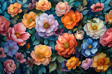 A painting of vibrant flowers, roses and ranunculus in various colors with eucalyptus leaves. Created with Ai