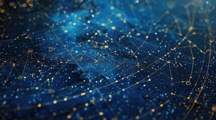 Zodiac signs and constellations in a cosmic sky. Astrology theme digital illustration with star map