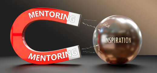 Mentoring attracts Inspiration. A metaphor showing mentoring as a big magnet attracting inspiration. Analogy to demonstrate the importance and strength of mentoring. ,3d illustration