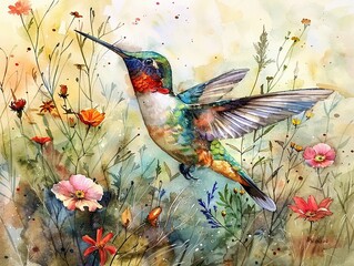 Hand drawn watercolor of a hummingbird, vibrant and bright, serene nature 