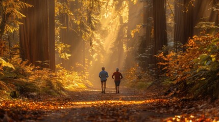 Couple jogging in a forest trail during autumn. Global Running Day
